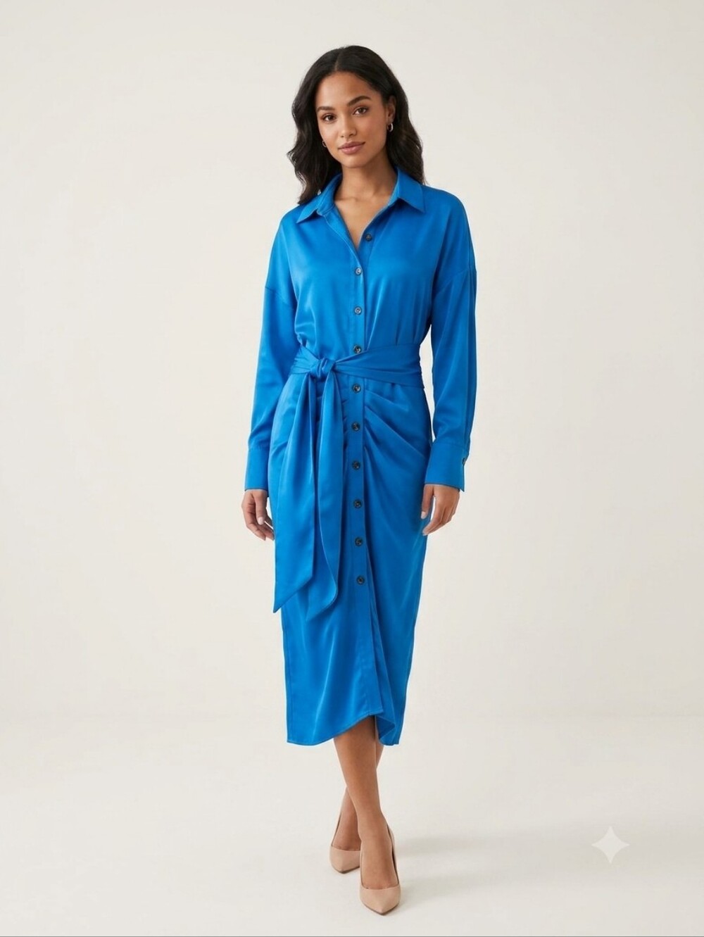 Asymmetrical Blue Satin Button-Front Dress with Waist Tie - Picture 1 of 13